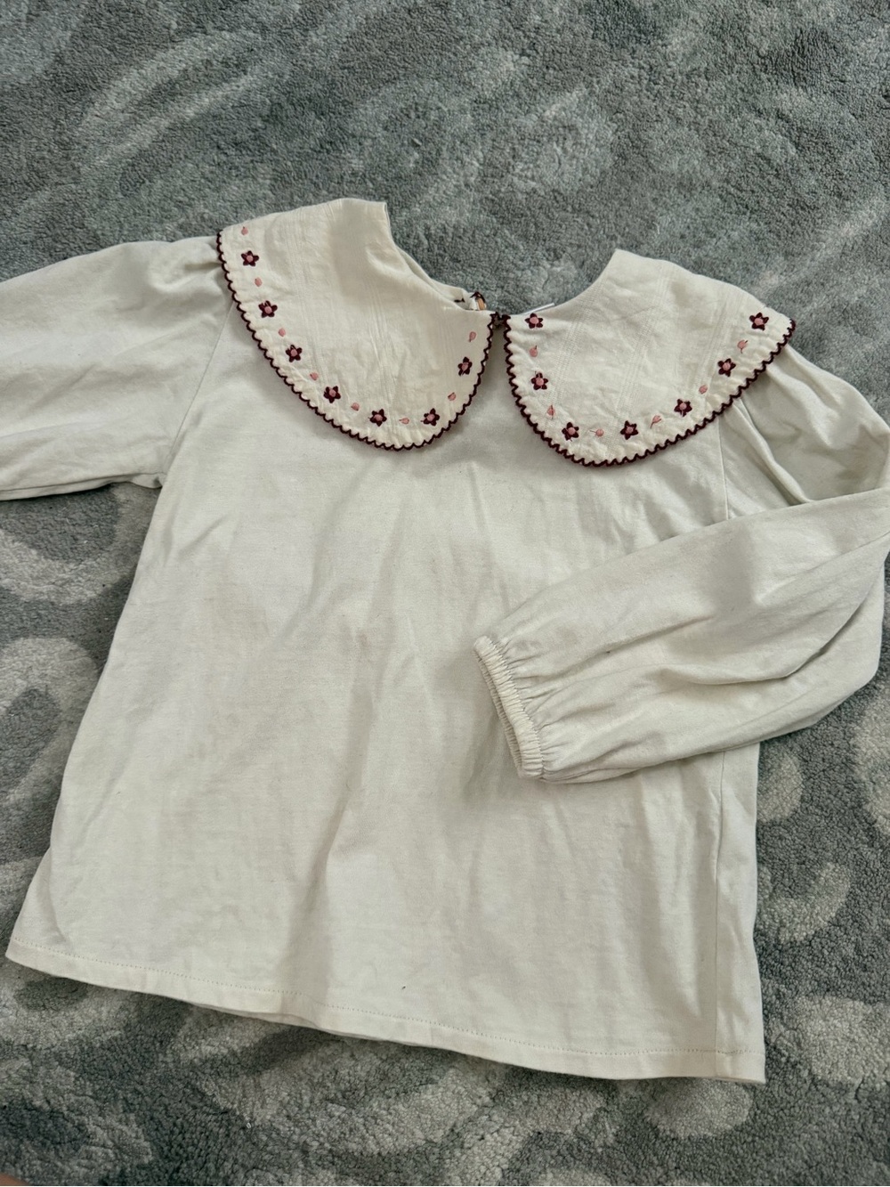 Girls' Zara White Long-Sleeve Top with Embroidered Peter Pan Collar